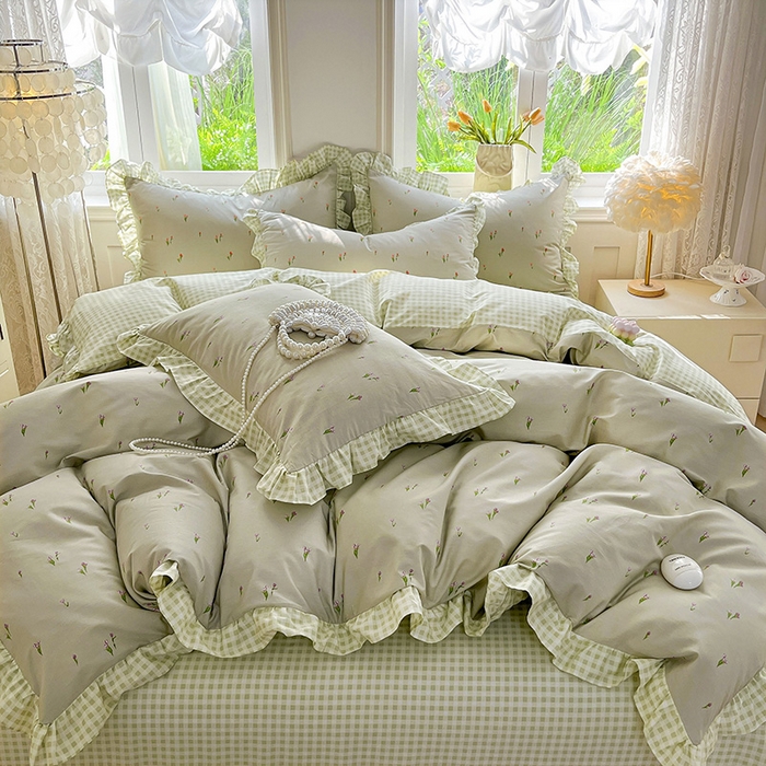 91家纺网 家纺一手货源 找家纺 兴美佳家纺 2026新款全棉印花韩版花边床裙款四件套 郁郁葱葱