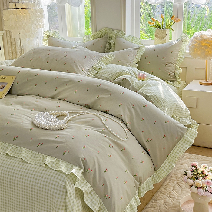 91家纺网 家纺一手货源 找家纺 兴美佳家纺 2026新款全棉印花韩版花边床裙款四件套 郁郁葱葱