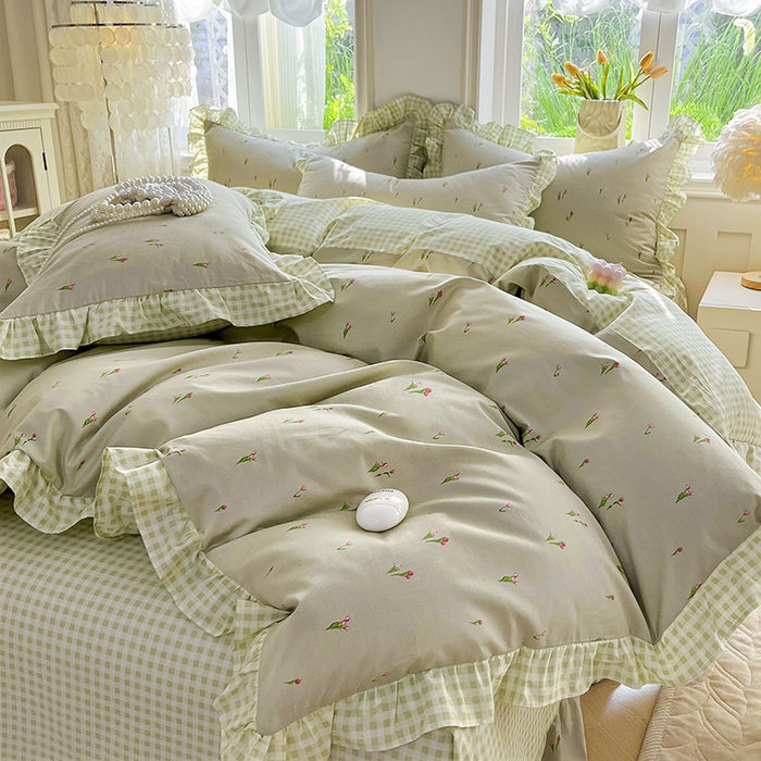 91家纺网 家纺一手货源 找家纺 兴美佳家纺 2026新款全棉印花韩版花边床裙款四件套 郁郁葱葱