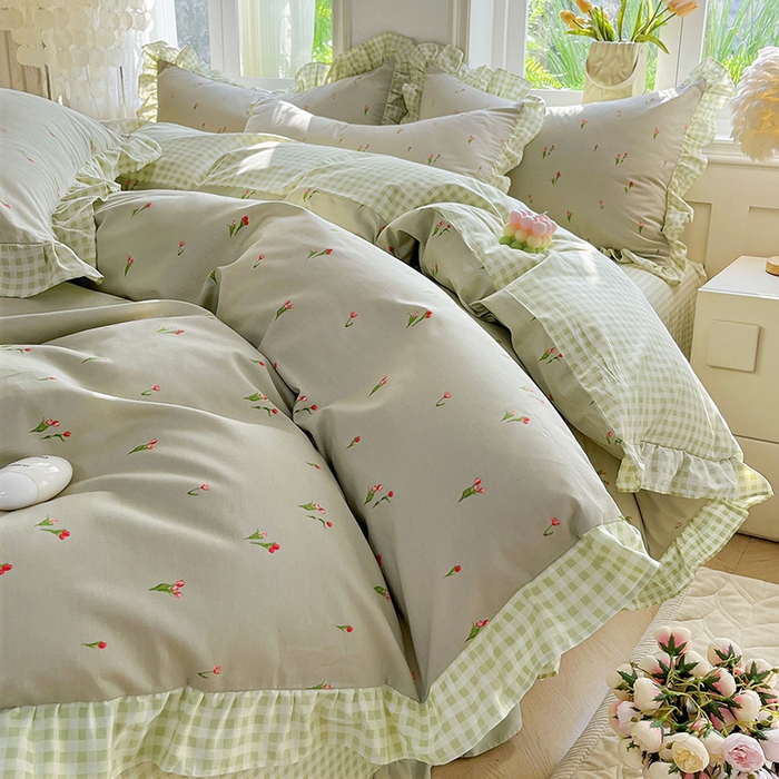 91家纺网 家纺一手货源 找家纺 兴美佳家纺 2026新款全棉印花韩版花边床裙款四件套 郁郁葱葱