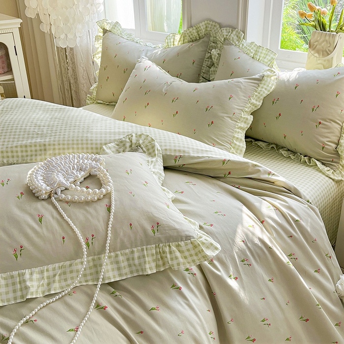 91家纺网 家纺一手货源 找家纺 兴美佳家纺 2026新款全棉印花韩版花边床裙款四件套 郁郁葱葱