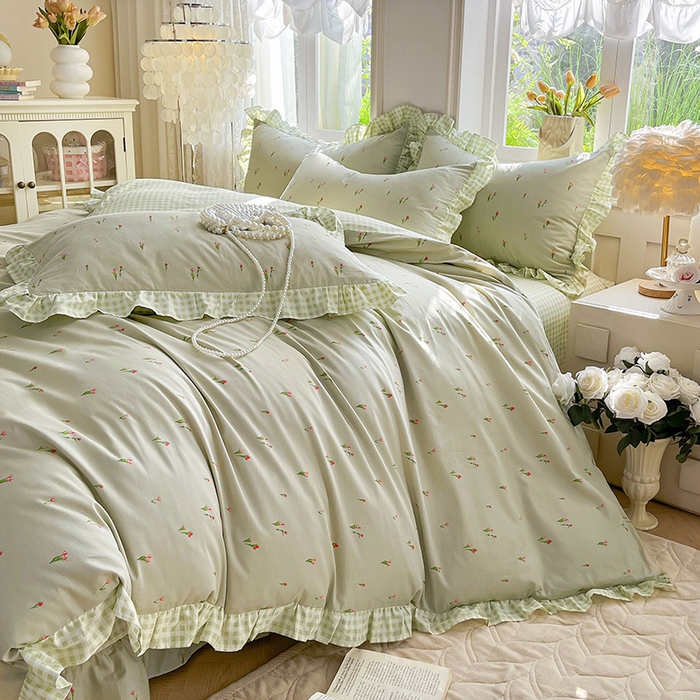 91家纺网 家纺一手货源 找家纺 兴美佳家纺 2026新款全棉印花韩版花边床裙款四件套 郁郁葱葱