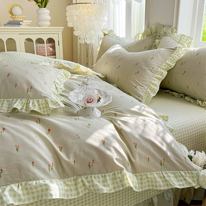 91家纺网 家纺一手货源 找家纺 兴美佳家纺 2026新款全棉印花韩版花边床裙款四件套 郁郁葱葱