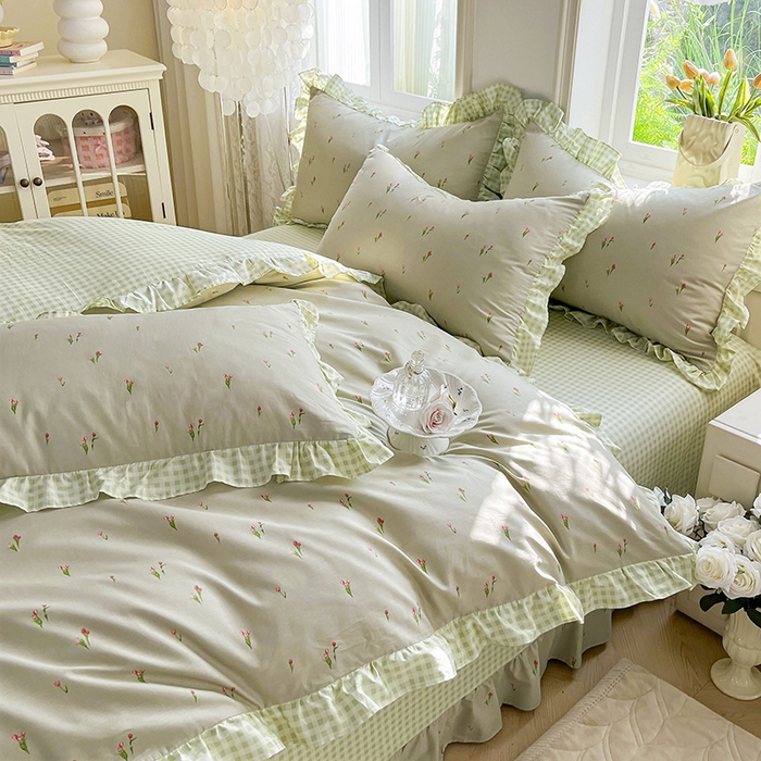 91家纺网 家纺一手货源 找家纺 兴美佳家纺 2026新款全棉印花韩版花边床裙款四件套 郁郁葱葱