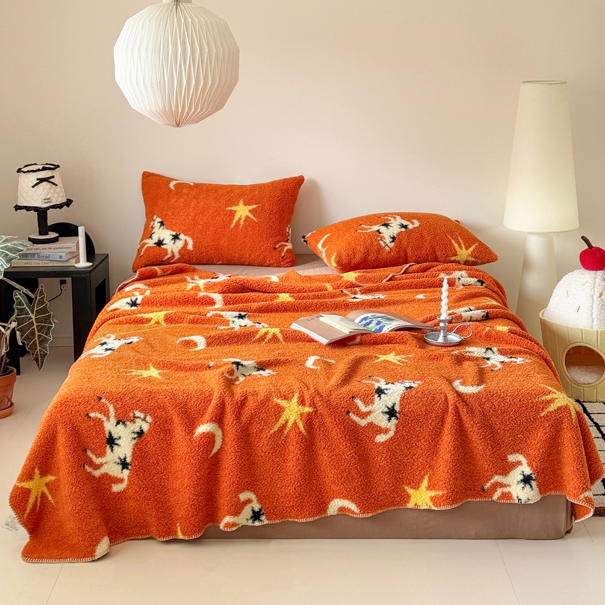 舒隅家纺 2026新款多功能针织半边绒毯 星月驹-橙