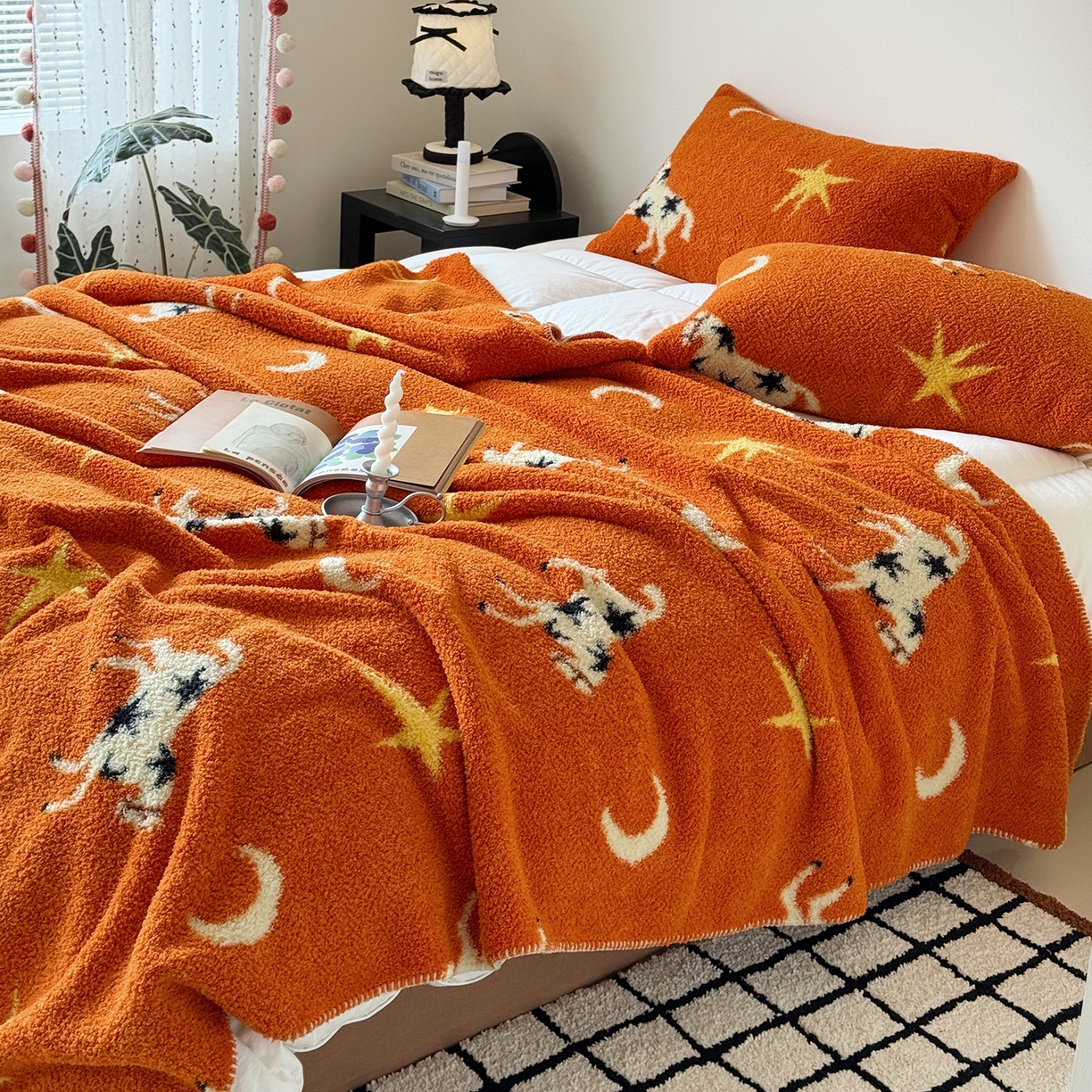 91家纺网 家纺一手货源 找家纺 舒隅家纺 2026新款多功能针织半边绒毯 星月驹-橙