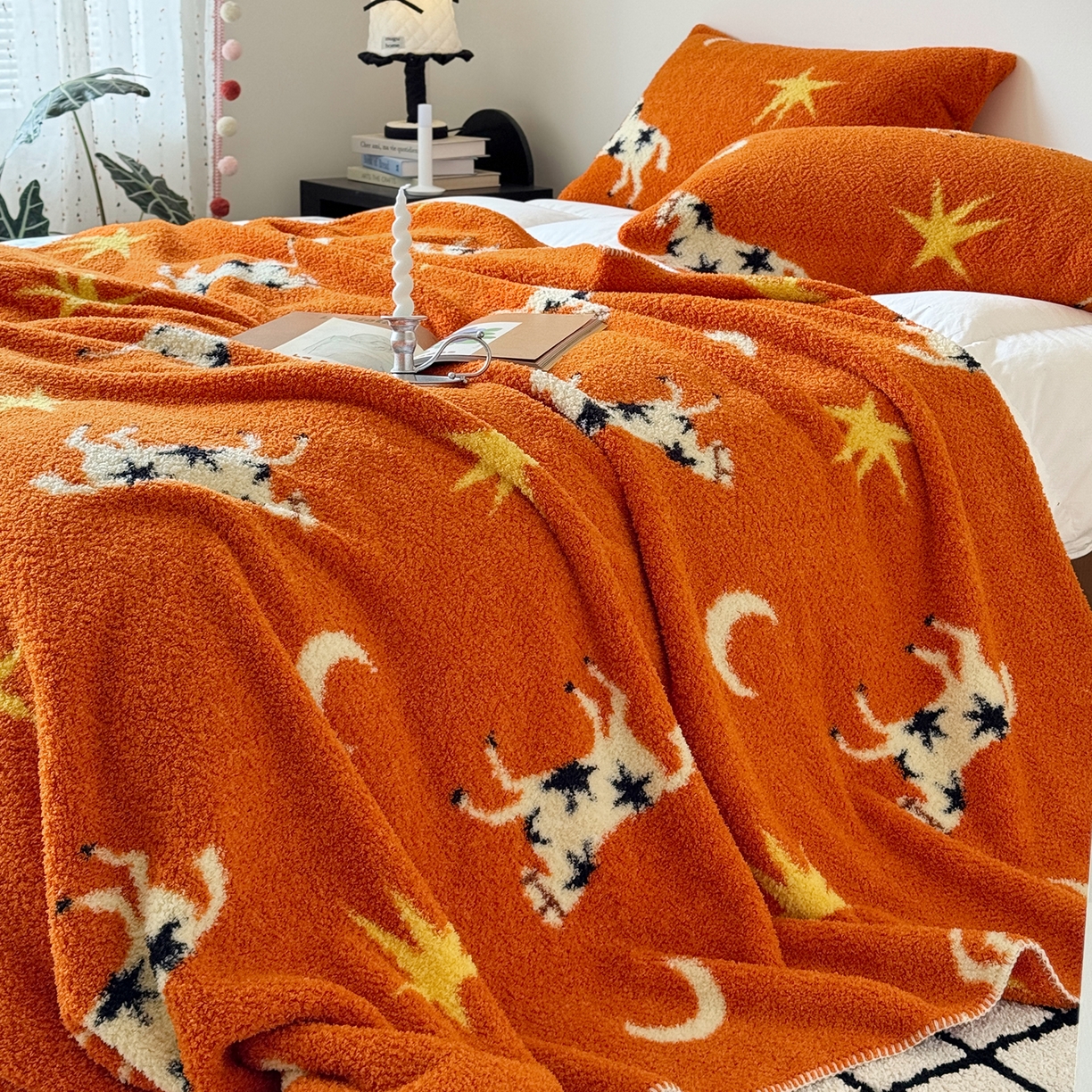 91家纺网 家纺一手货源 找家纺 舒隅家纺 2026新款多功能针织半边绒毯 星月驹-橙