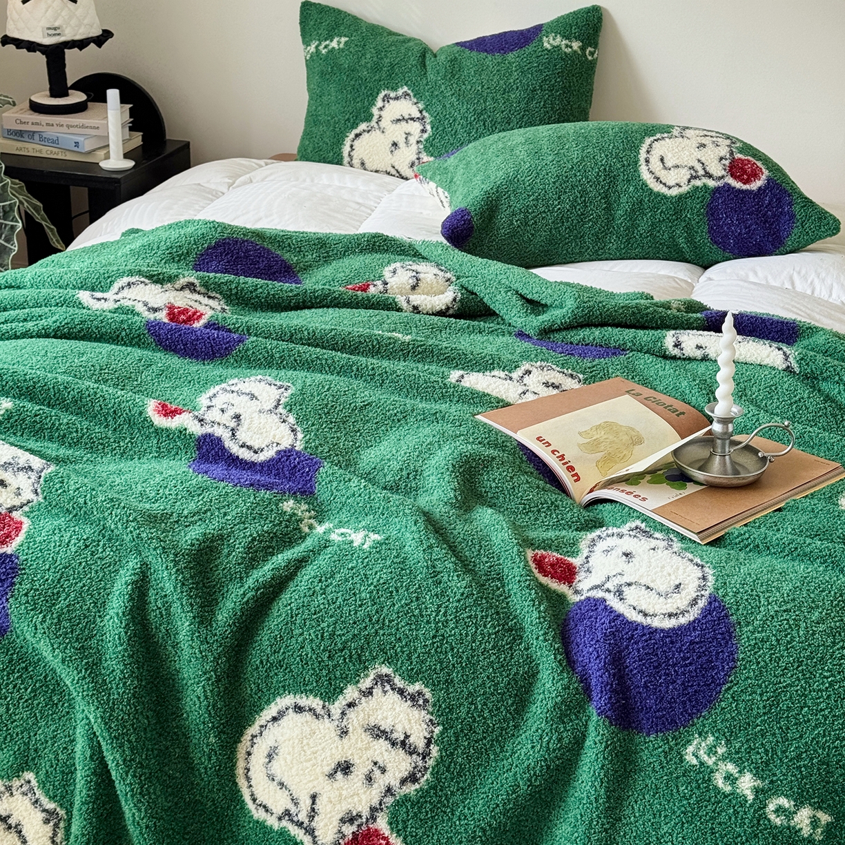 91家纺网 家纺一手货源 找家纺 舒隅家纺 2026新款多功能针织半边绒毯 绒球小猫