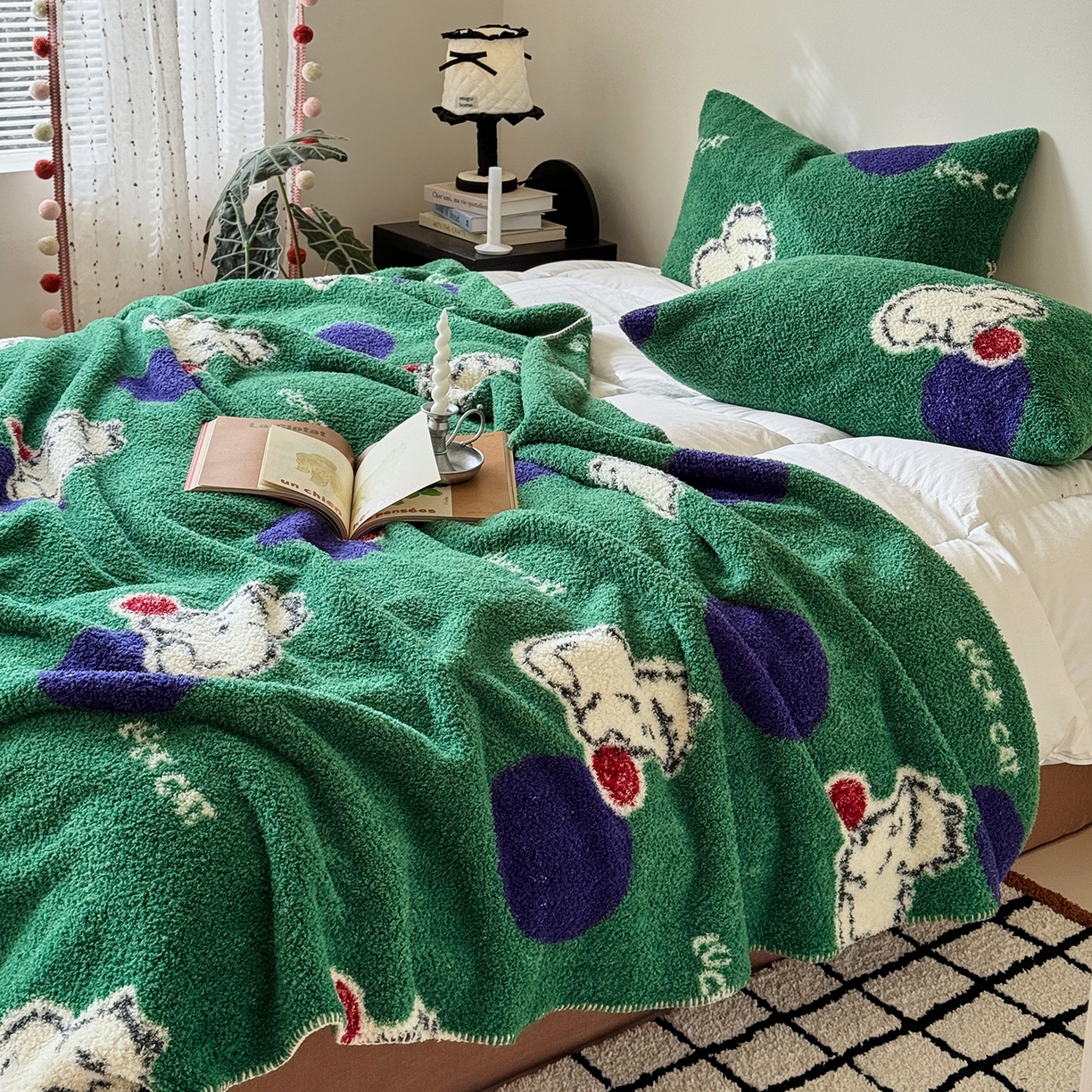 91家纺网 家纺一手货源 找家纺 舒隅家纺 2026新款多功能针织半边绒毯 绒球小猫