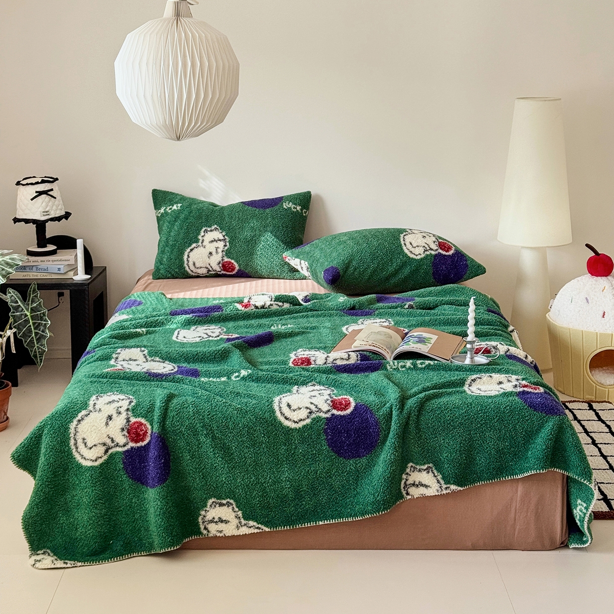 91家纺网 家纺一手货源 找家纺 舒隅家纺 2026新款多功能针织半边绒毯 绒球小猫