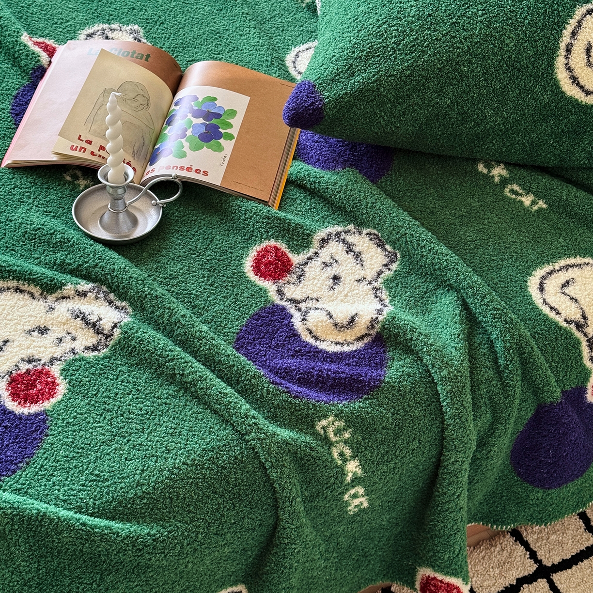 91家纺网 家纺一手货源 找家纺 舒隅家纺 2026新款多功能针织半边绒毯 绒球小猫