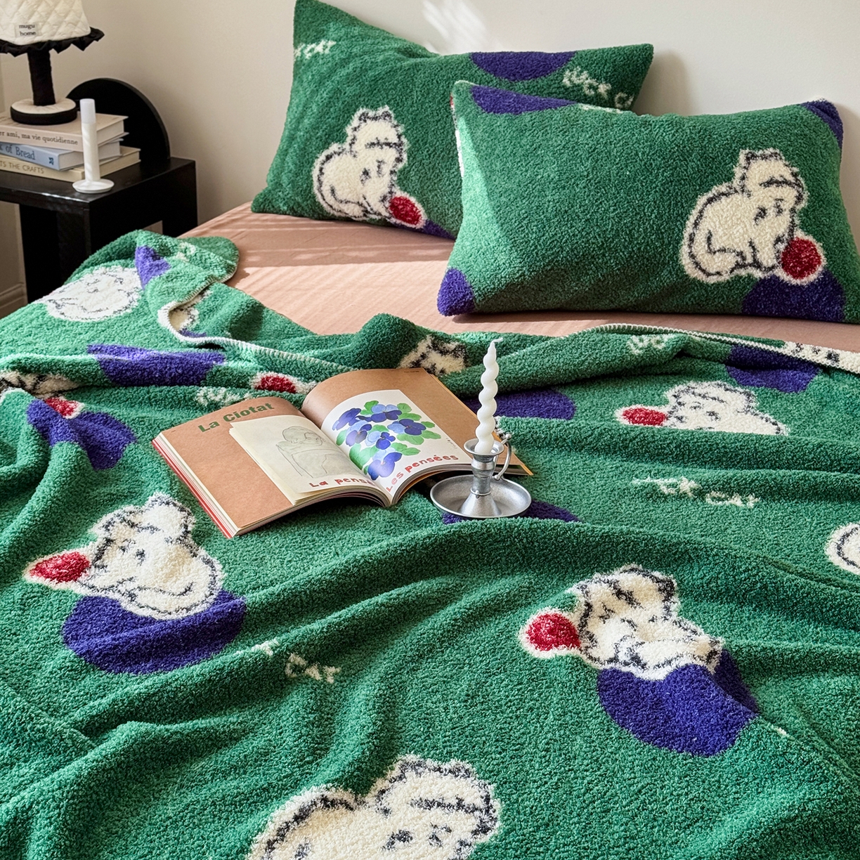 91家纺网 家纺一手货源 找家纺 舒隅家纺 2026新款多功能针织半边绒毯 绒球小猫