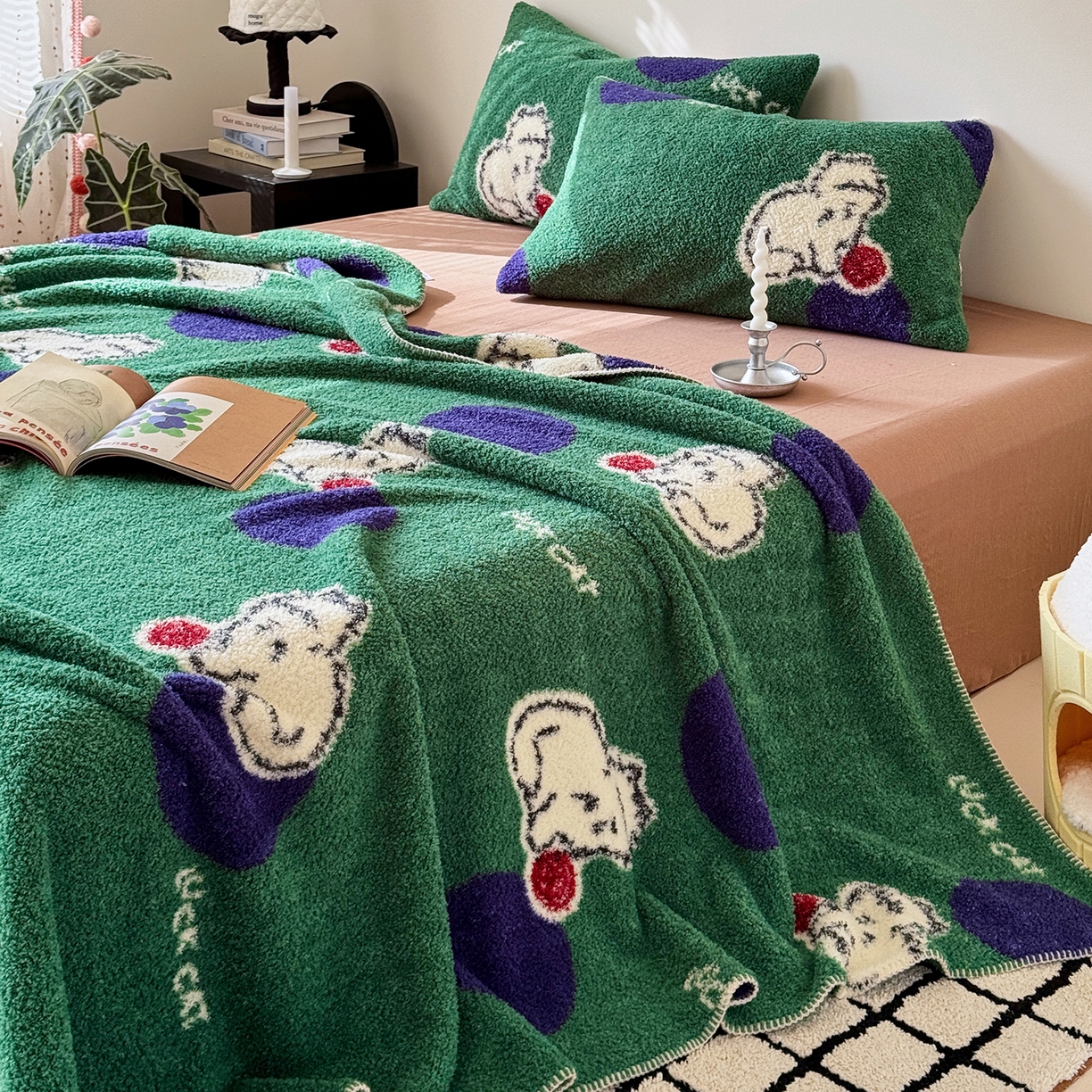 91家纺网 家纺一手货源 找家纺 舒隅家纺 2026新款多功能针织半边绒毯 绒球小猫