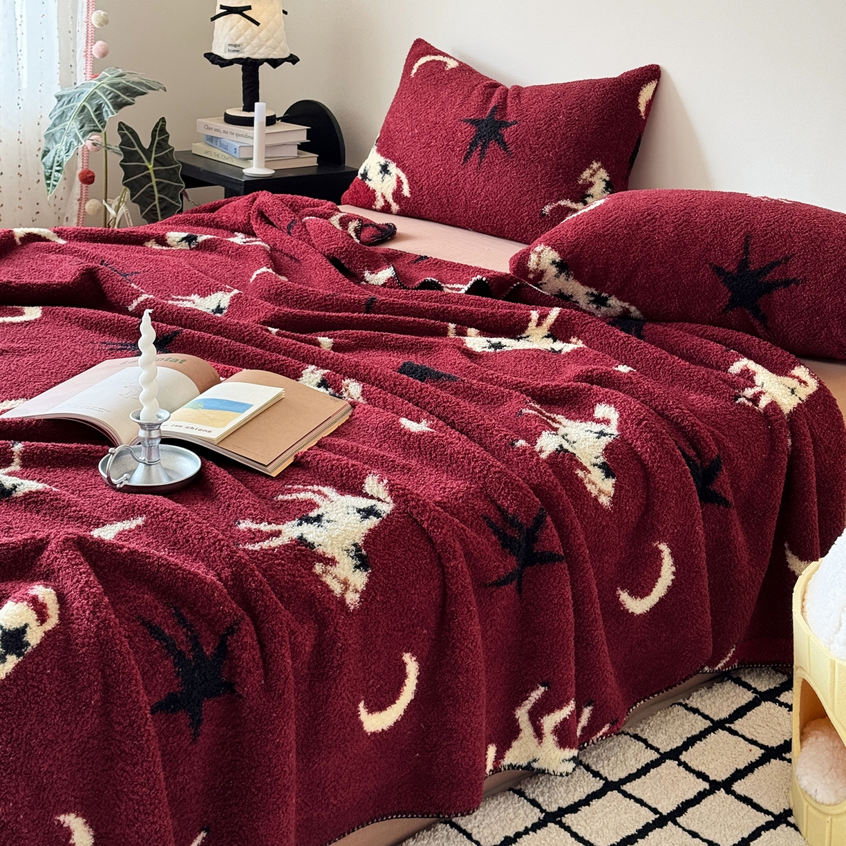 91家纺网 家纺一手货源 找家纺 舒隅家纺 2026新款多功能针织半边绒毯 星月驹-红