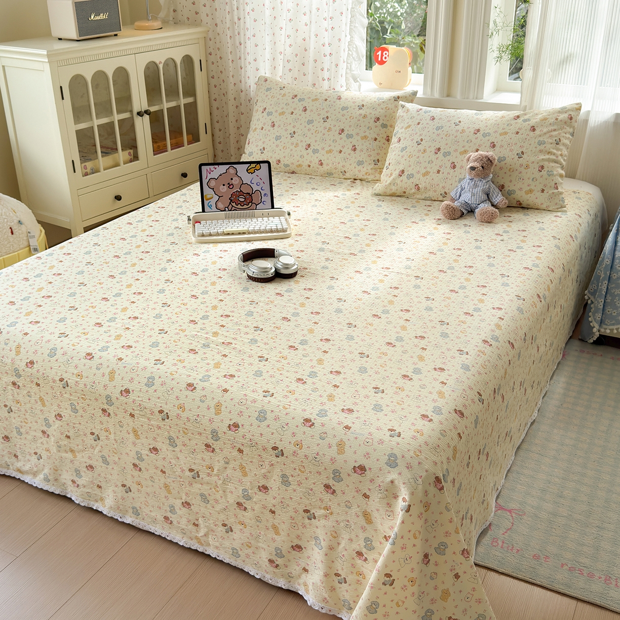 91家纺网 家纺一手货源 找家纺 沐芷 2026 【提供买家秀】A类白花边床单单件 单人双人床单三件套 狗狗派对