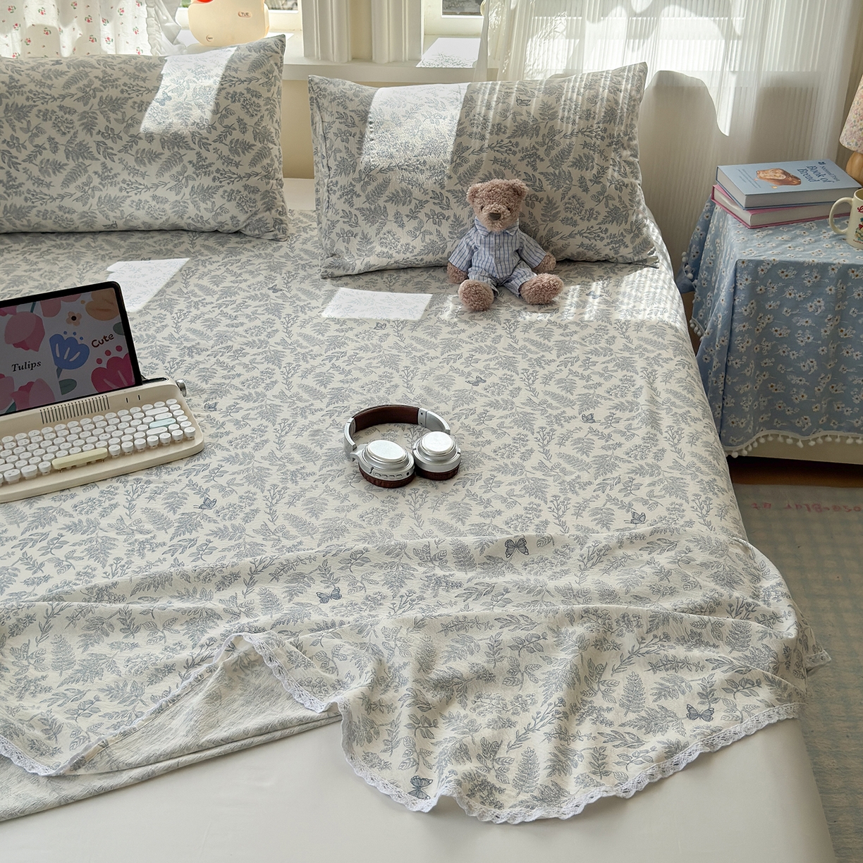 91家纺网 家纺一手货源 找家纺 沐芷 2026 【提供买家秀】A类白花边床单单件 单人双人床单三件套 东方草木