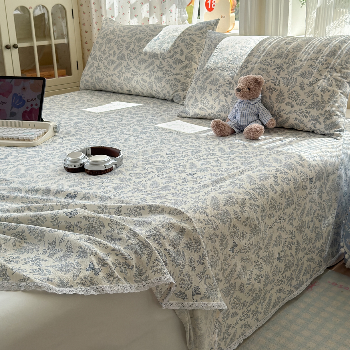 91家纺网 家纺一手货源 找家纺 沐芷 2026 【提供买家秀】A类白花边床单单件 单人双人床单三件套 东方草木