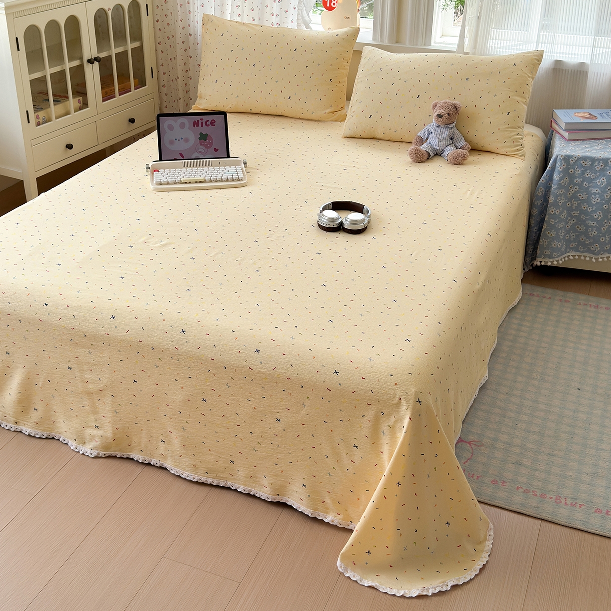 91家纺网 家纺一手货源 找家纺 沐芷 2026 【提供买家秀】A类白花边床单单件 单人双人床单三件套 冰淇淋