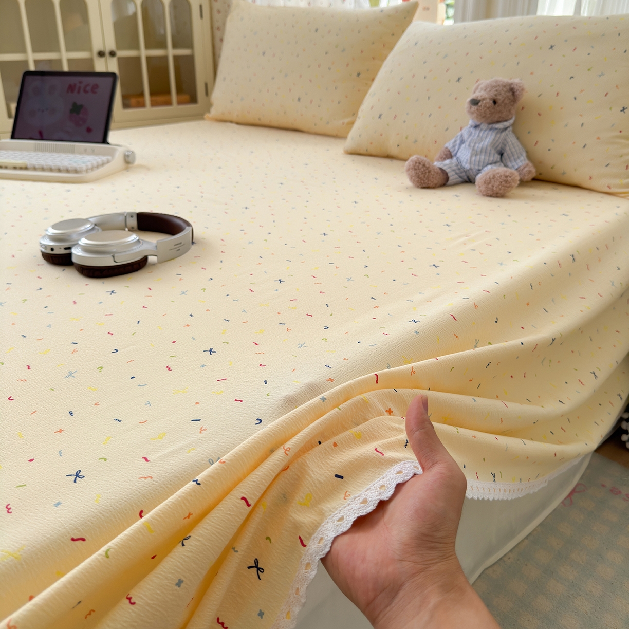 91家纺网 家纺一手货源 找家纺 沐芷 2026 【提供买家秀】A类白花边床单单件 单人双人床单三件套 冰淇淋