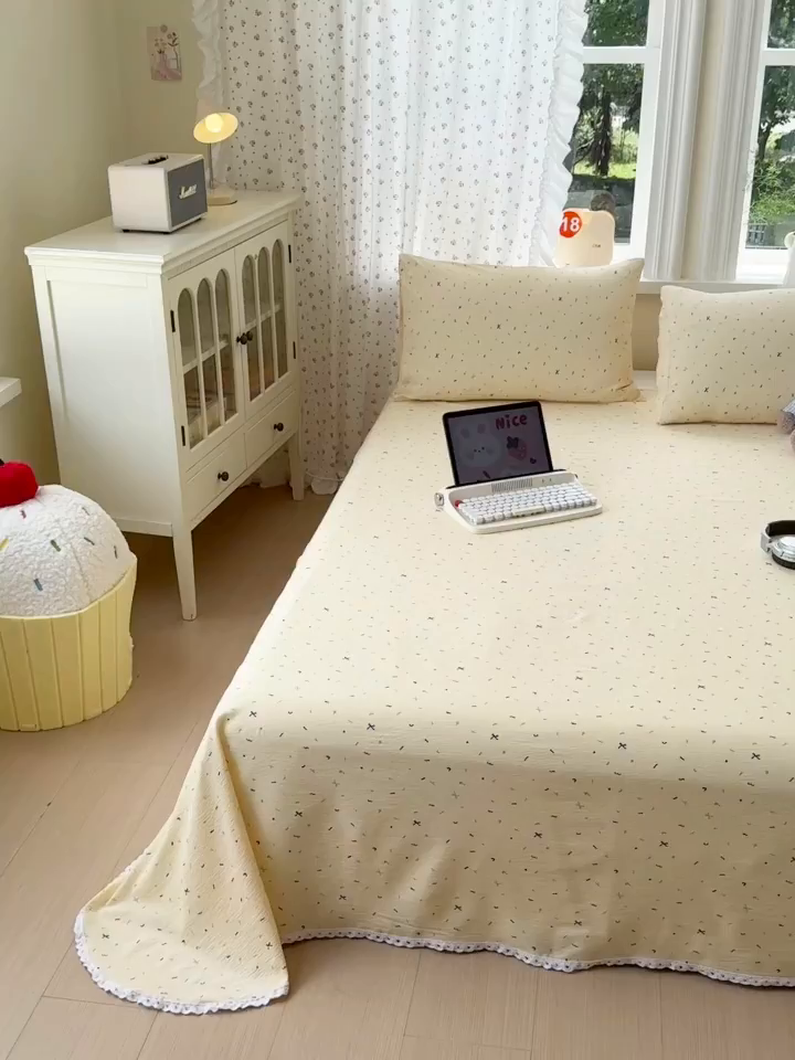 91家纺网 家纺一手货源 找家纺 沐芷 2026 【提供买家秀】A类白花边床单单件 单人双人床单三件套 冰淇淋