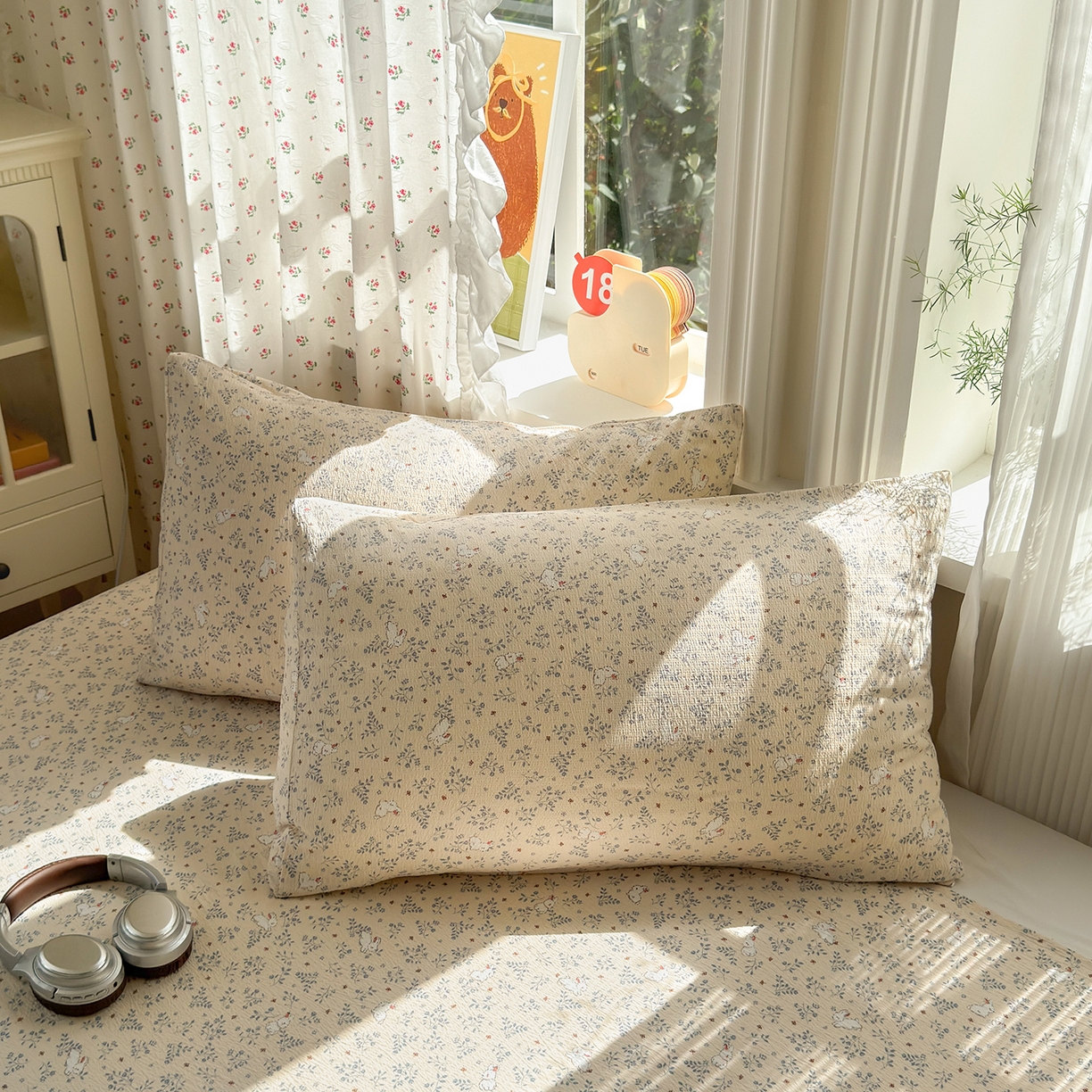 91家纺网 家纺一手货源 找家纺 沐芷 2026 【提供买家秀】A类白花边床单单件 单人双人床单三件套 花园兔