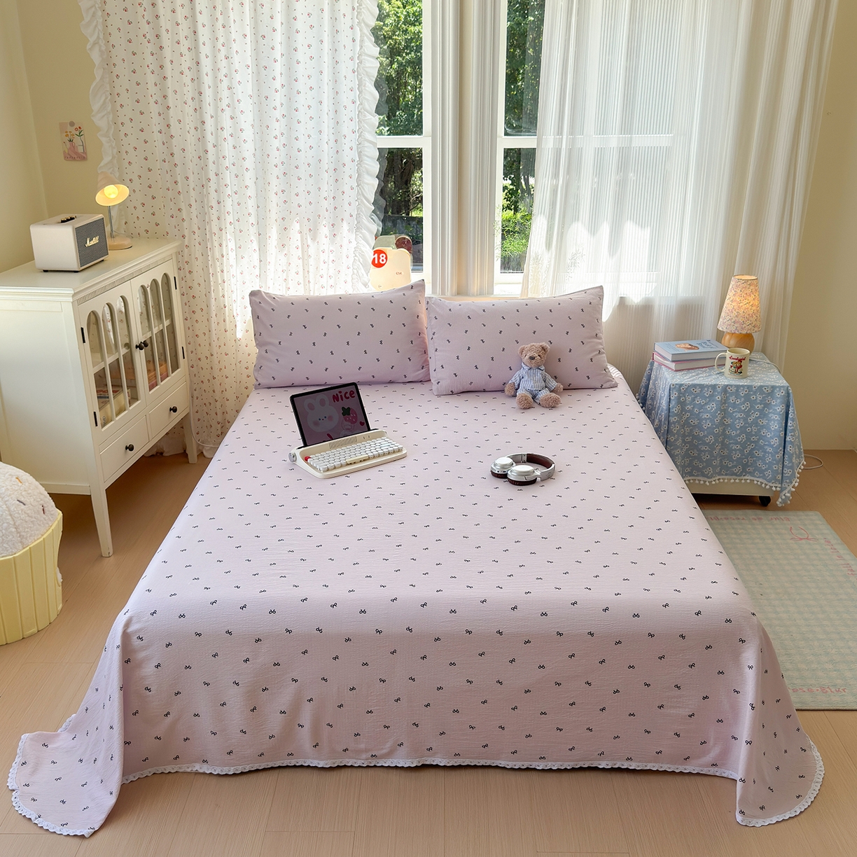 91家纺网 家纺一手货源 找家纺 沐芷 2026 【提供买家秀】A类白花边床单单件 单人双人床单三件套 小紫情调