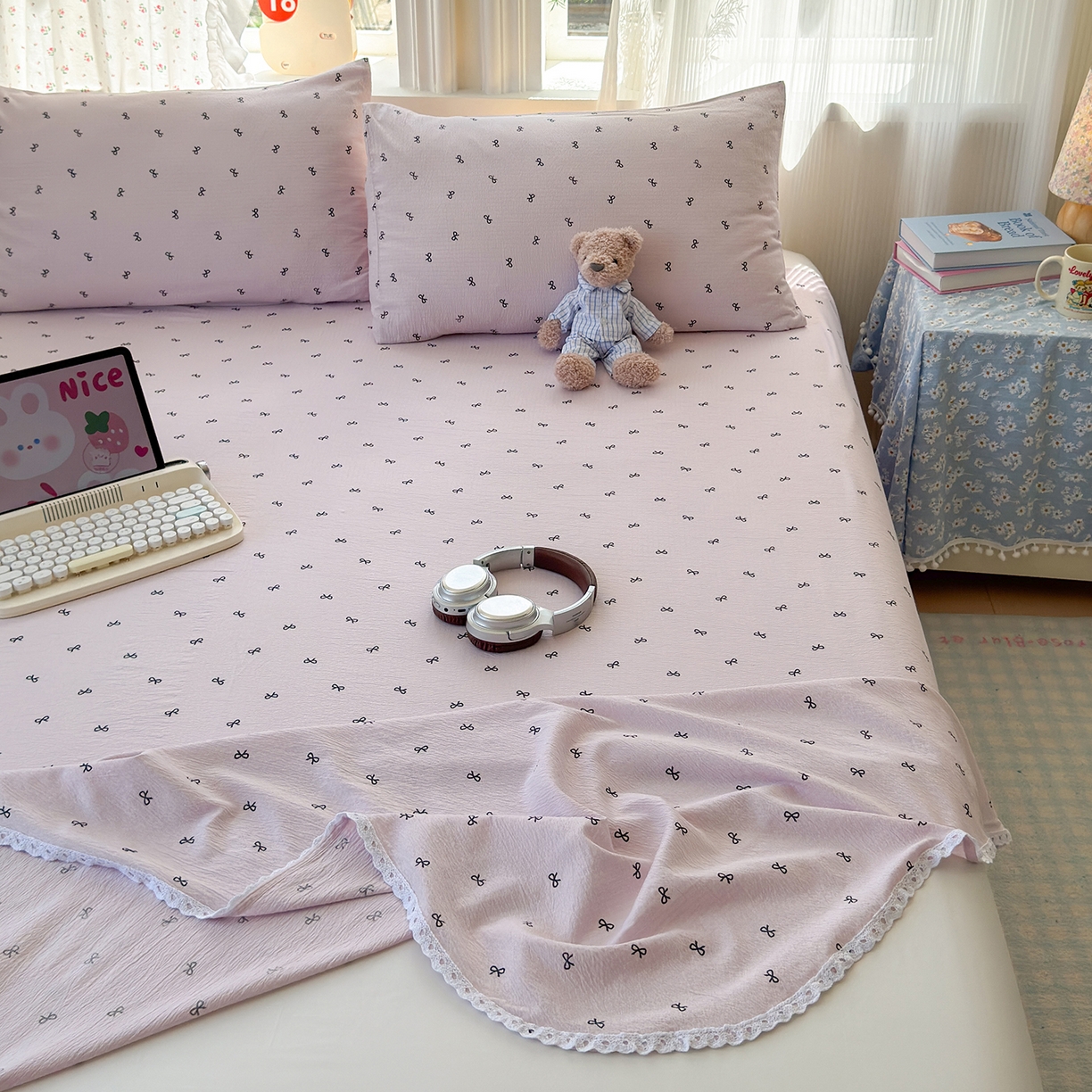 91家纺网 家纺一手货源 找家纺 沐芷 2026 【提供买家秀】A类白花边床单单件 单人双人床单三件套 小紫情调