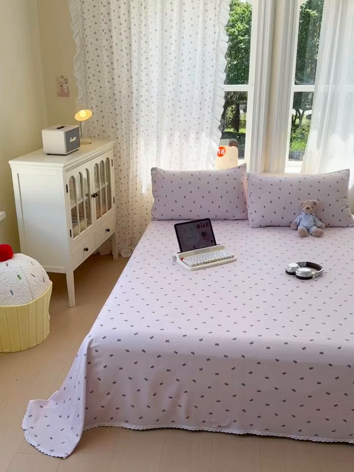 91家纺网 家纺一手货源 找家纺 沐芷 2026 【提供买家秀】A类白花边床单单件 单人双人床单三件套 小紫情调