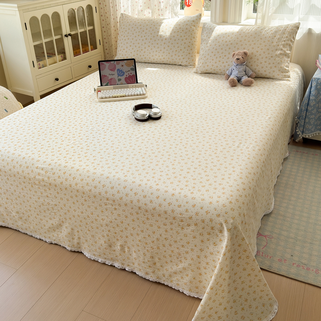 91家纺网 家纺一手货源 找家纺 沐芷 2026 【提供买家秀】A类白花边床单单件 单人双人床单三件套 橘子海