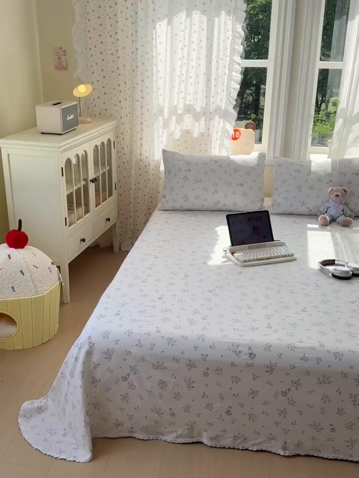 91家纺网 家纺一手货源 找家纺 沐芷 2026 【提供买家秀】A类白花边床单单件 单人双人床单三件套 徘徊兔兔