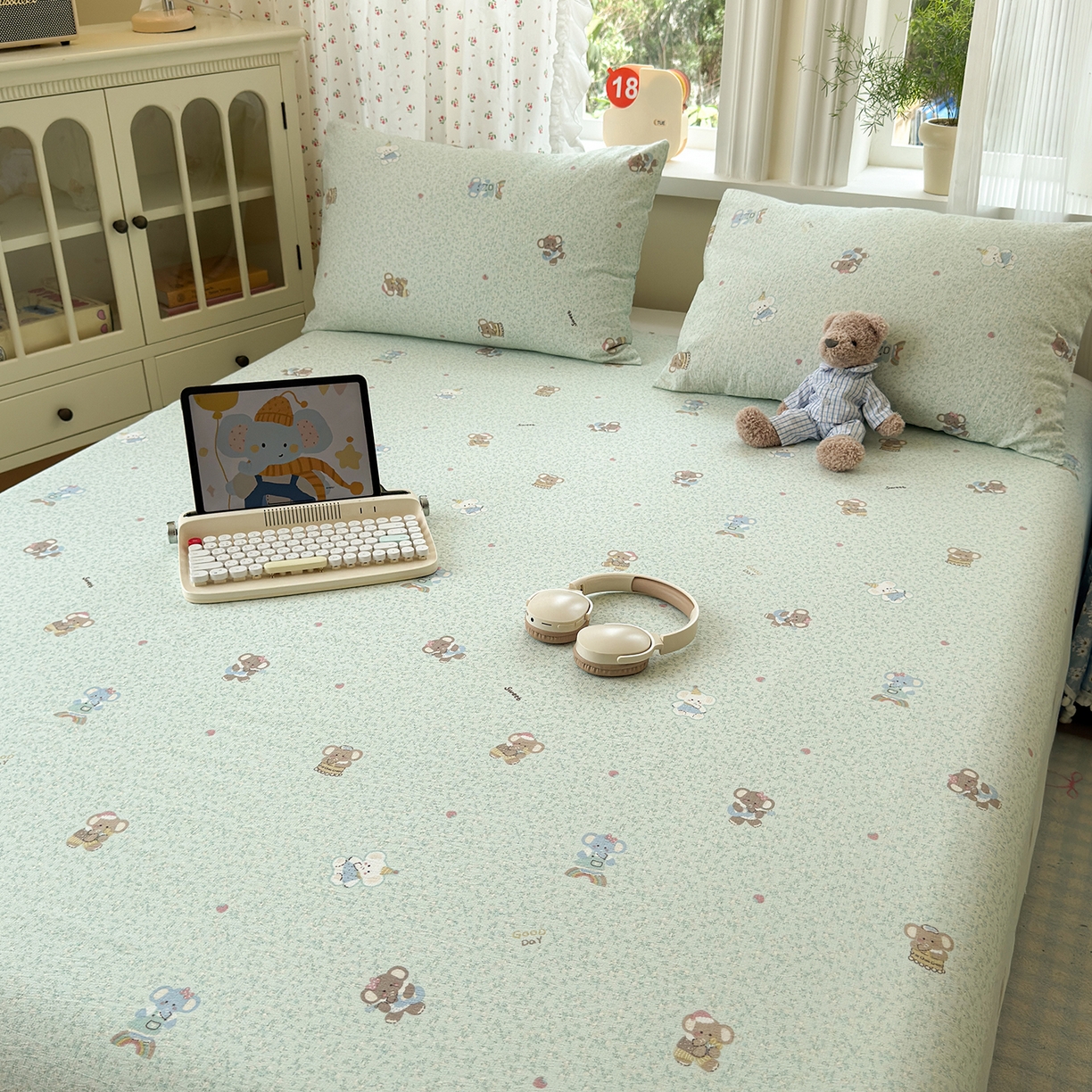 91家纺网 家纺一手货源 找家纺 沐芷 2026 【提供买家秀】A类白花边床单单件 单人双人床单三件套 幸运小象