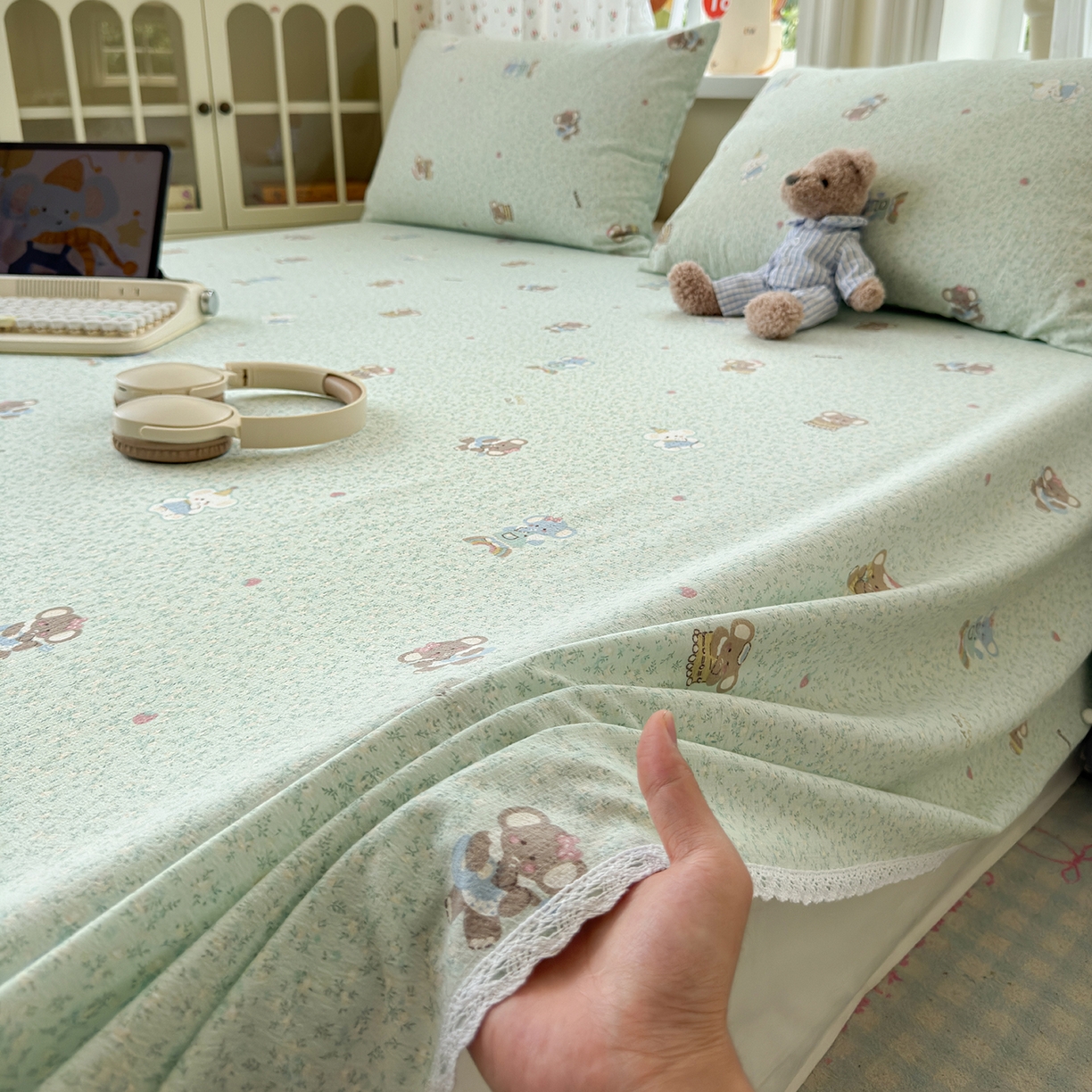 91家纺网 家纺一手货源 找家纺 沐芷 2026 【提供买家秀】A类白花边床单单件 单人双人床单三件套 幸运小象