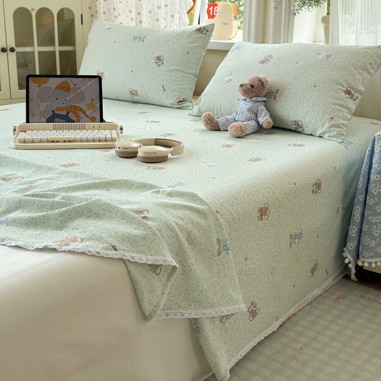 91家纺网 家纺一手货源 找家纺 沐芷 2026 【提供买家秀】A类白花边床单单件 单人双人床单三件套 幸运小象