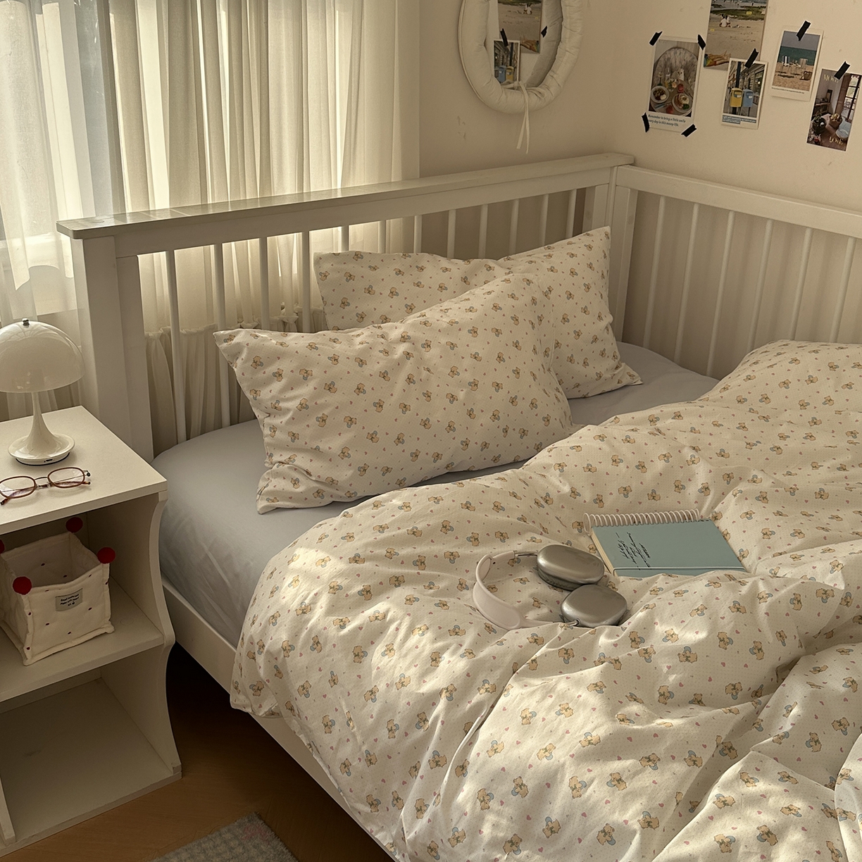 尺素 2026新款纯棉卡通ins风四件套可爱少女风全棉被套纯色1.8床笠加大床单学生1.2三件套 告白熊--浅蓝