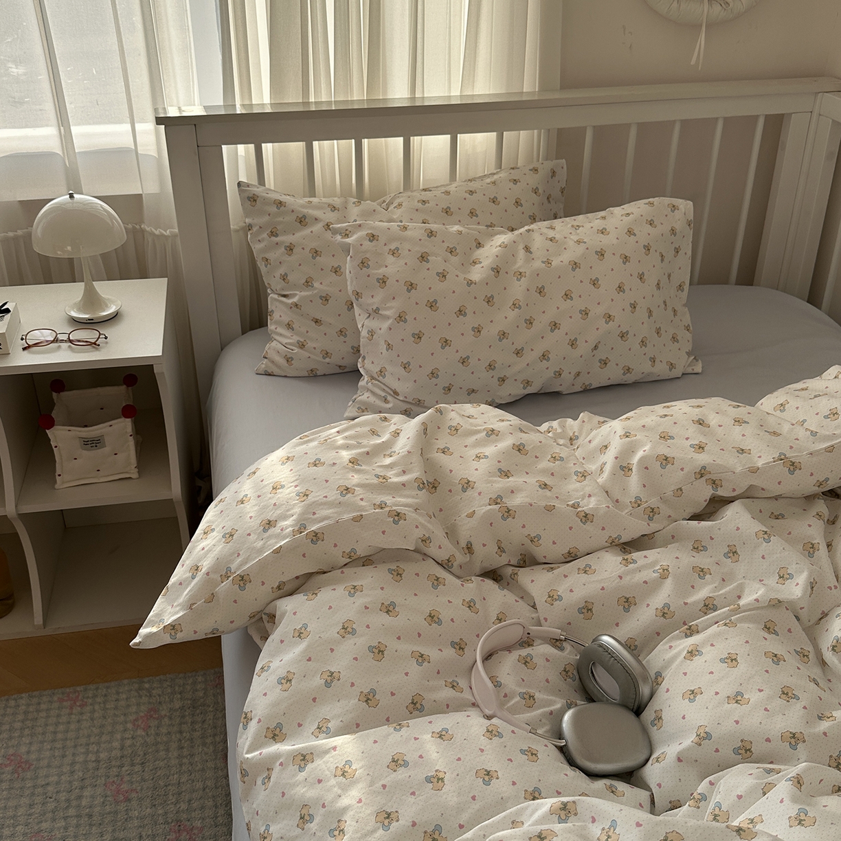 91家纺网 家纺一手货源 找家纺 尺素 2026新款纯棉卡通ins风四件套可爱少女风全棉被套纯色1.8床笠加大床单学生1.2三件套 告白熊--浅蓝