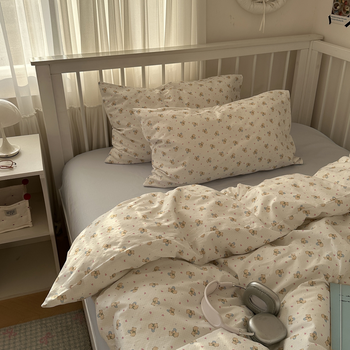 91家纺网 家纺一手货源 找家纺 尺素 2026新款纯棉卡通ins风四件套可爱少女风全棉被套纯色1.8床笠加大床单学生1.2三件套 告白熊--浅蓝