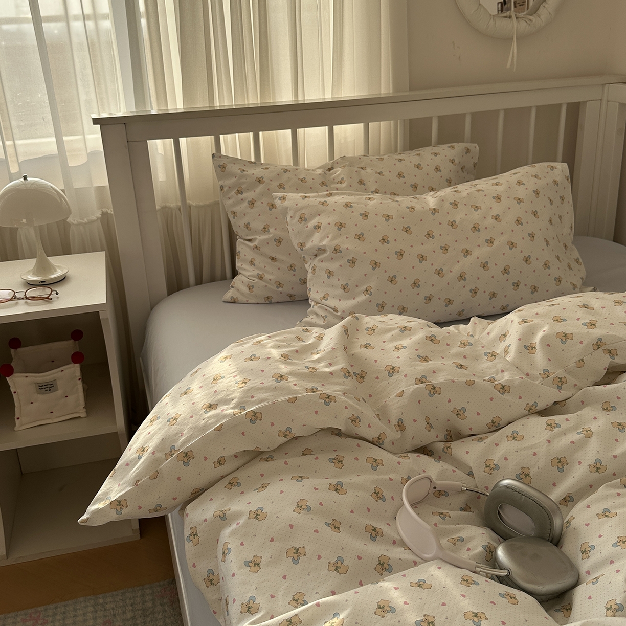 91家纺网 家纺一手货源 找家纺 尺素 2026新款纯棉卡通ins风四件套可爱少女风全棉被套纯色1.8床笠加大床单学生1.2三件套 告白熊--浅蓝