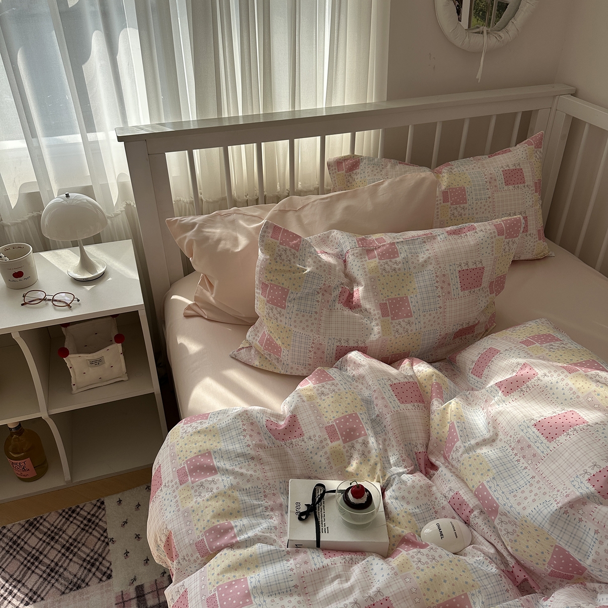 91家纺网 家纺一手货源 找家纺 尺素 2026新款纯棉卡通ins风四件套可爱少女风全棉被套纯色1.8床笠加大床单学生1.2三件套 格调粉--桃粉