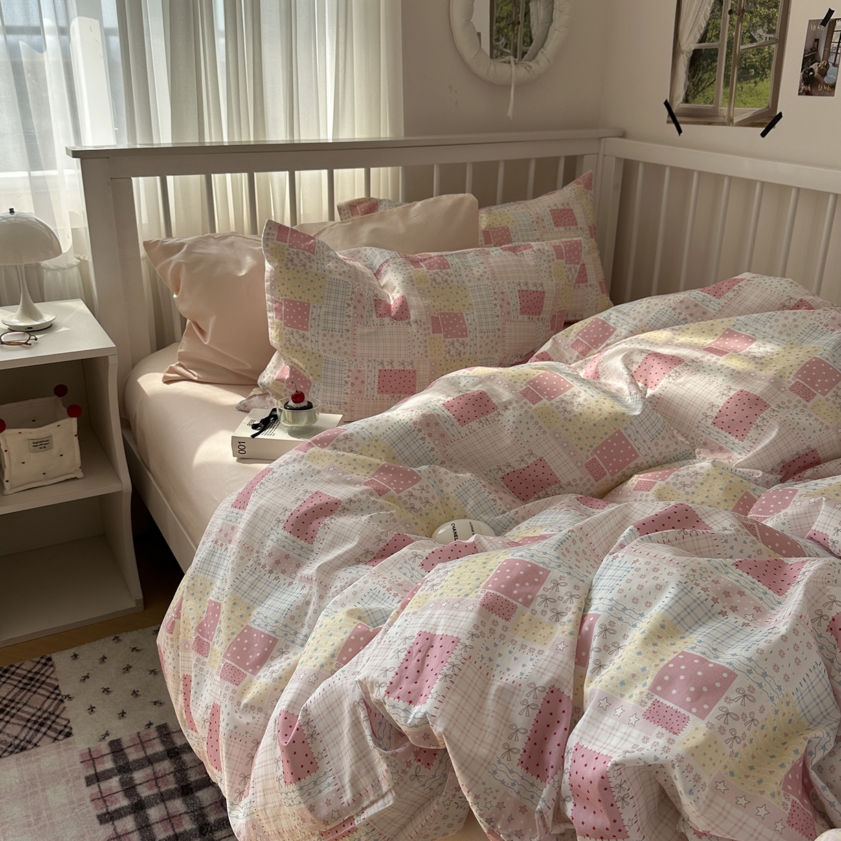 91家纺网 家纺一手货源 找家纺 尺素 2026新款纯棉卡通ins风四件套可爱少女风全棉被套纯色1.8床笠加大床单学生1.2三件套 格调粉--桃粉