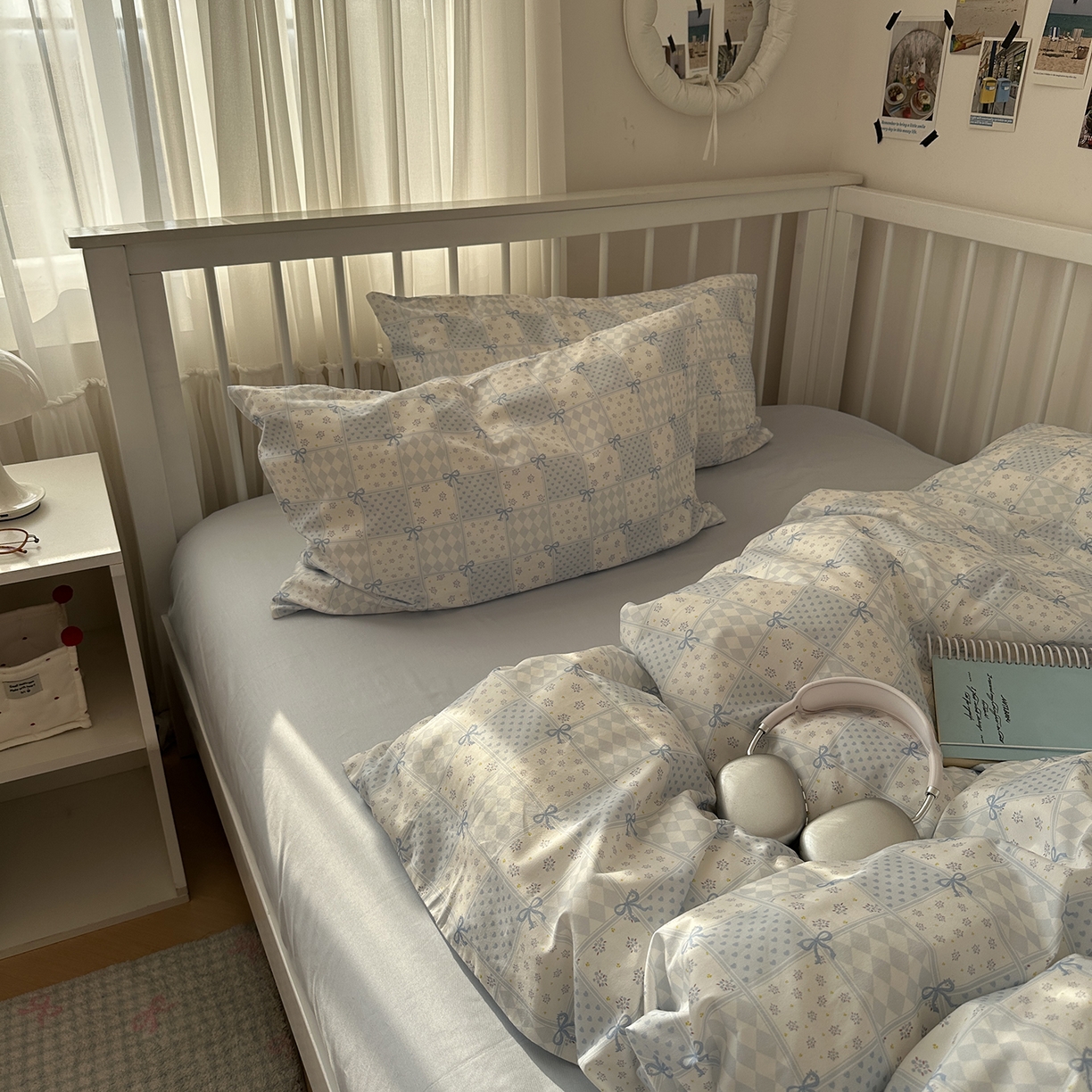 91家纺网 家纺一手货源 找家纺 尺素 2026新款纯棉卡通ins风四件套可爱少女风全棉被套纯色1.8床笠加大床单学生1.2三件套 蓝白情书--浅蓝