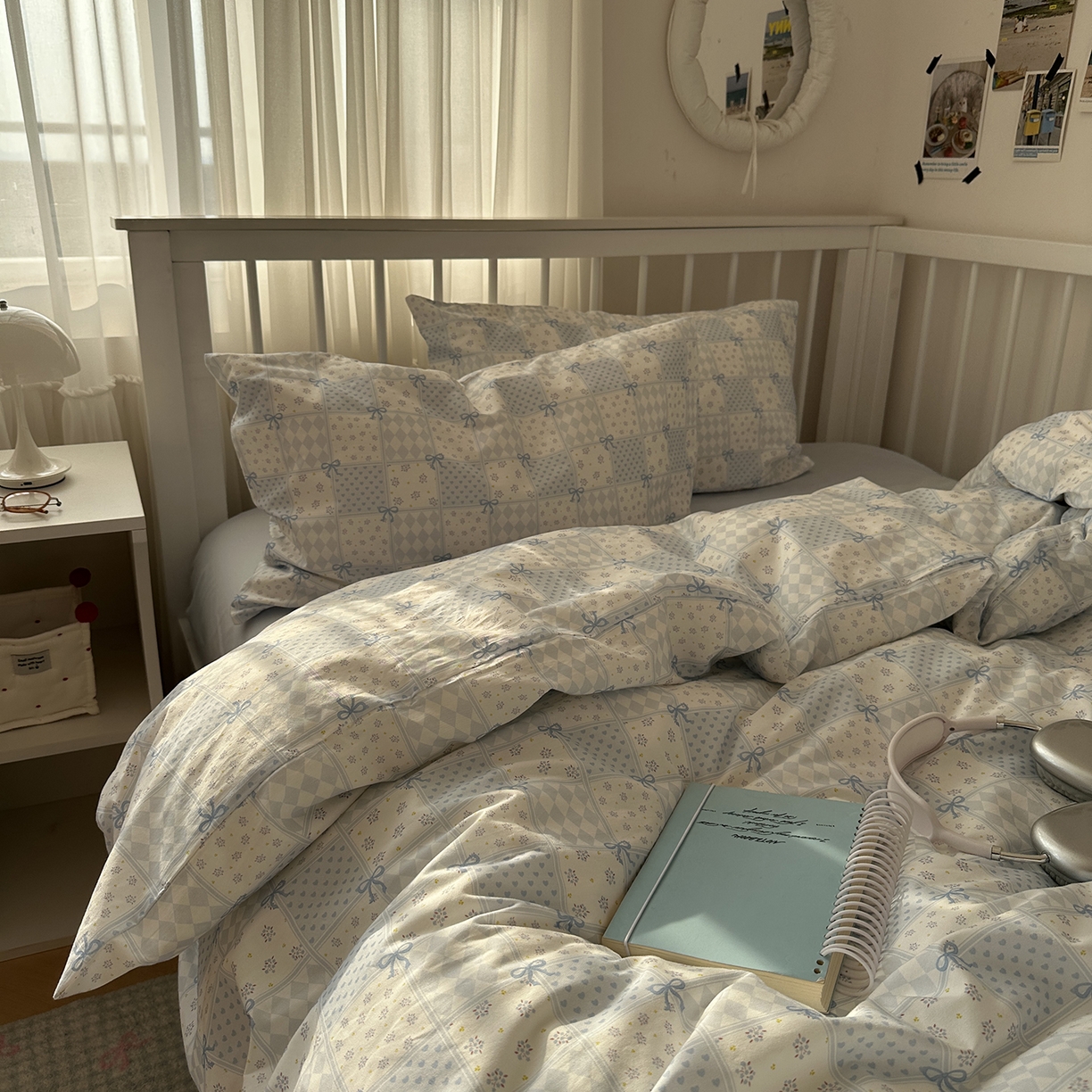 91家纺网 家纺一手货源 找家纺 尺素 2026新款纯棉卡通ins风四件套可爱少女风全棉被套纯色1.8床笠加大床单学生1.2三件套 蓝白情书--浅蓝