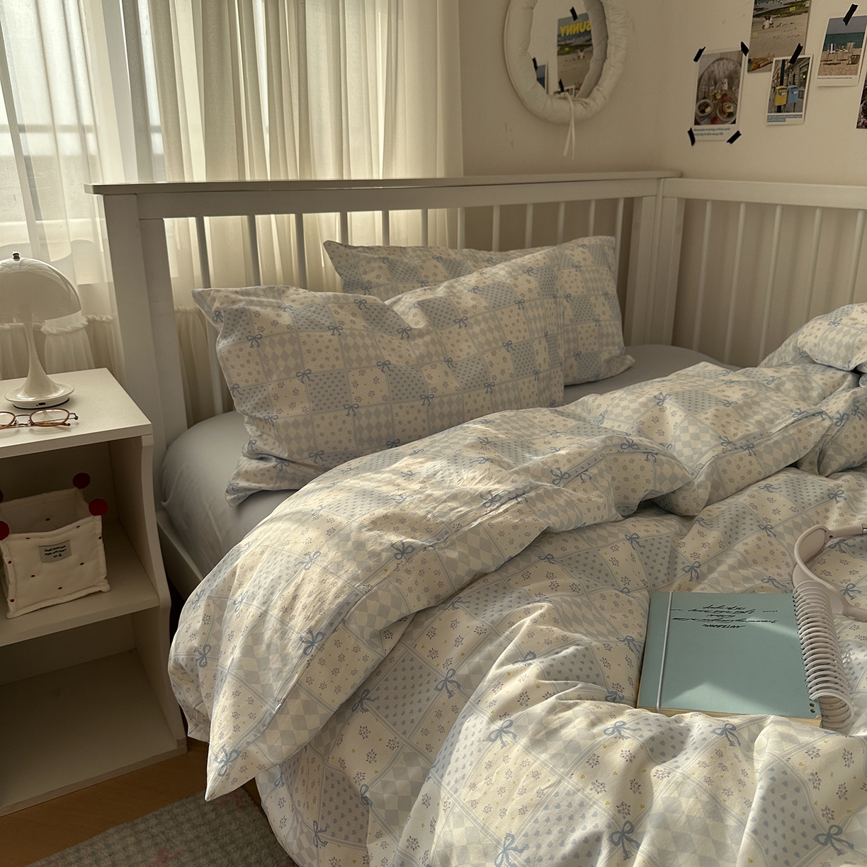 91家纺网 家纺一手货源 找家纺 尺素 2026新款纯棉卡通ins风四件套可爱少女风全棉被套纯色1.8床笠加大床单学生1.2三件套 蓝白情书--浅蓝