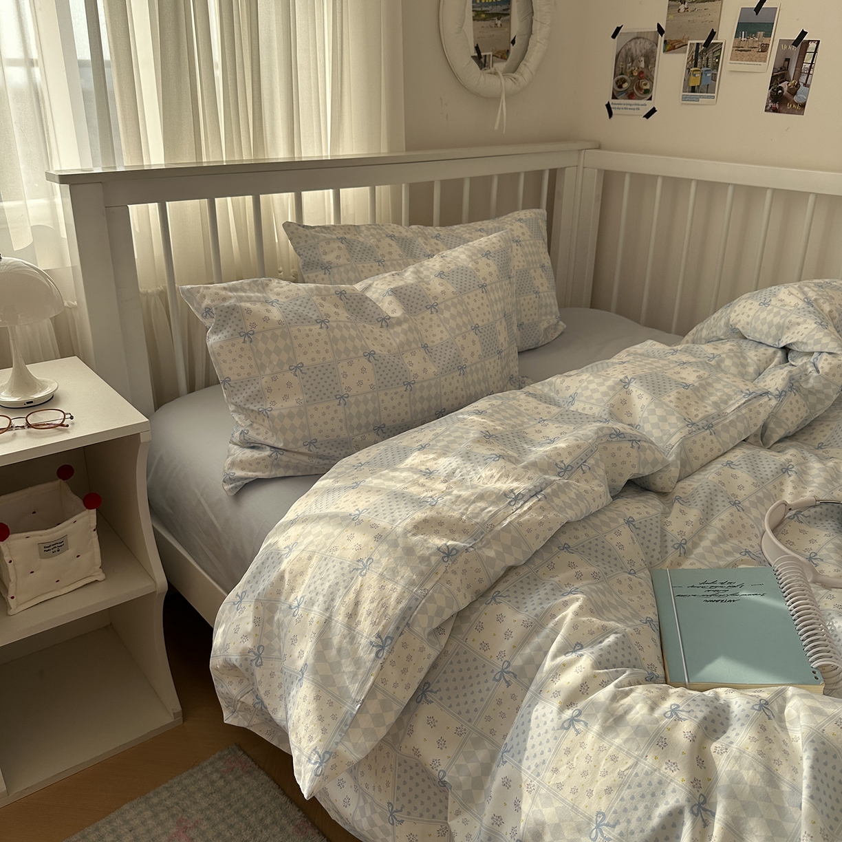 91家纺网 家纺一手货源 找家纺 尺素 2026新款纯棉卡通ins风四件套可爱少女风全棉被套纯色1.8床笠加大床单学生1.2三件套 蓝白情书--浅蓝