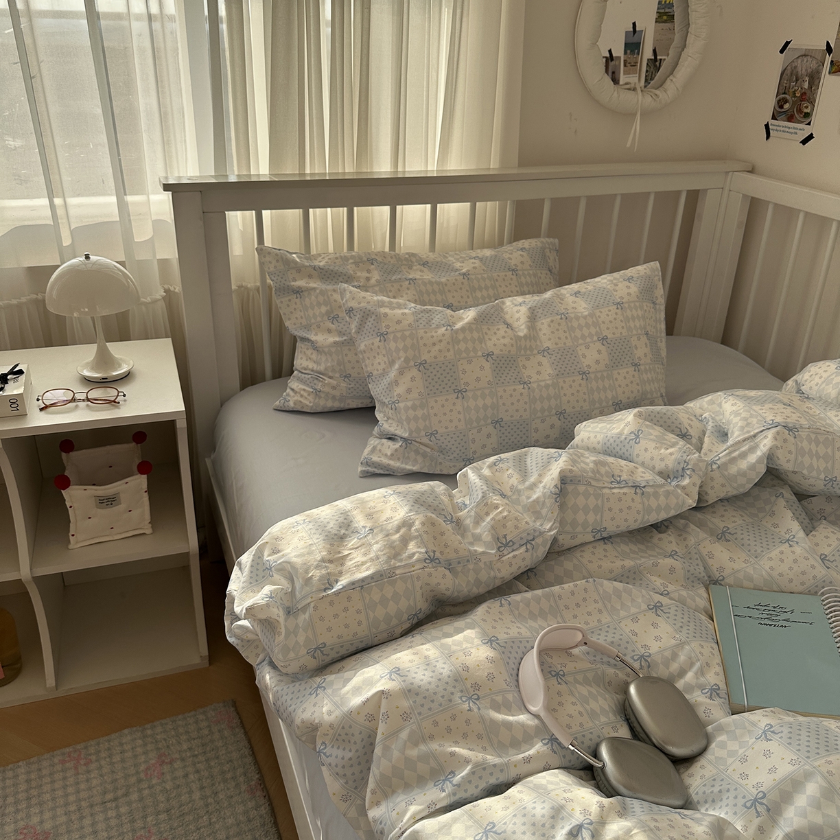 91家纺网 家纺一手货源 找家纺 尺素 2026新款纯棉卡通ins风四件套可爱少女风全棉被套纯色1.8床笠加大床单学生1.2三件套 蓝白情书--浅蓝