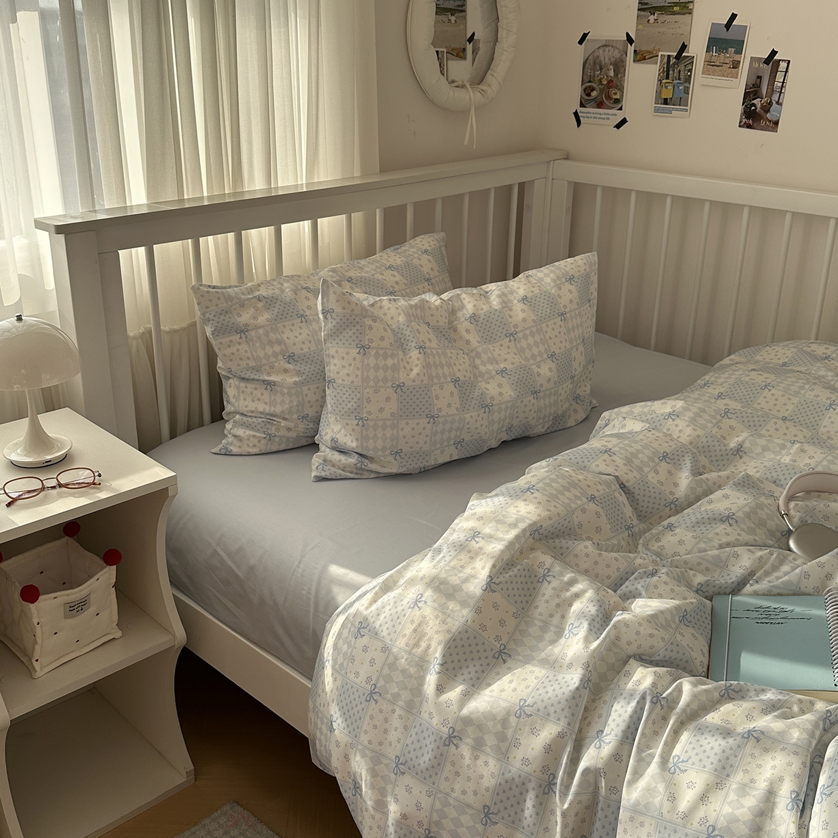 91家纺网 家纺一手货源 找家纺 尺素 2026新款纯棉卡通ins风四件套可爱少女风全棉被套纯色1.8床笠加大床单学生1.2三件套 蓝白情书--浅蓝