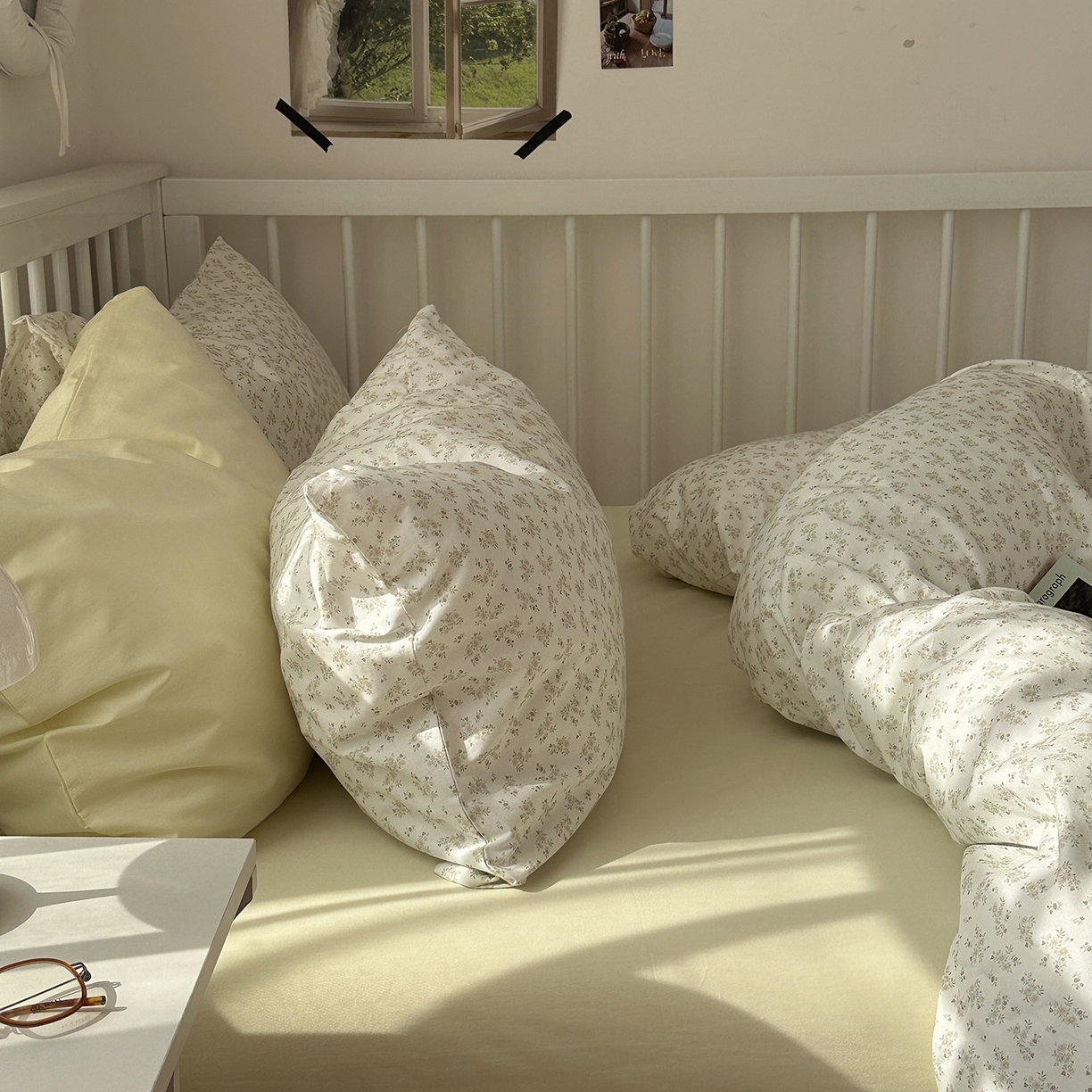 91家纺网 家纺一手货源 找家纺 尺素 2026新款纯棉卡通ins风四件套可爱少女风全棉被套纯色1.8床笠加大床单学生1.2三件套 清梦--浅黄