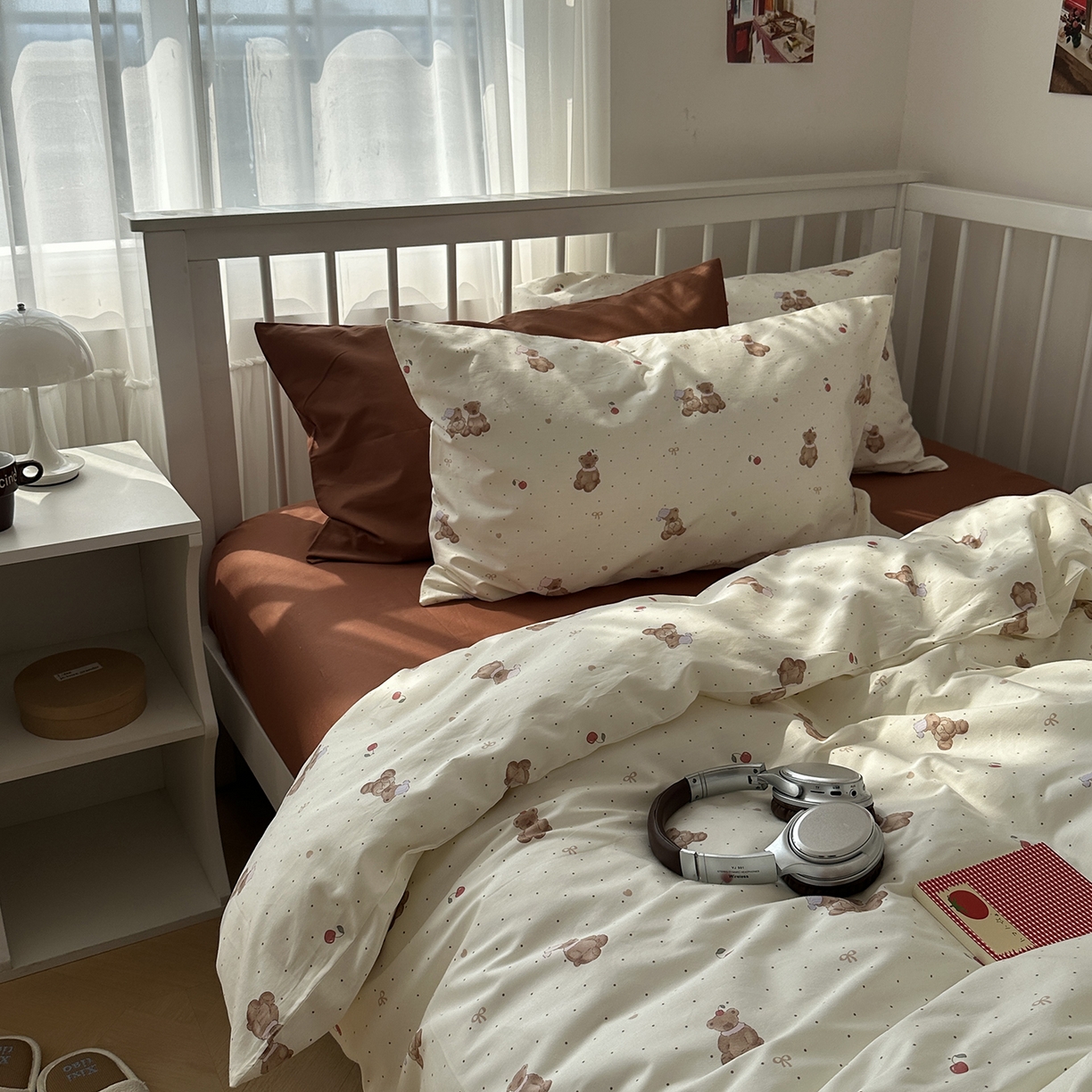 尺素 2026新款纯棉卡通ins风四件套可爱少女风全棉被套纯色1.8床笠加大床单学生1.2三件套 小熊软糖--焦糖