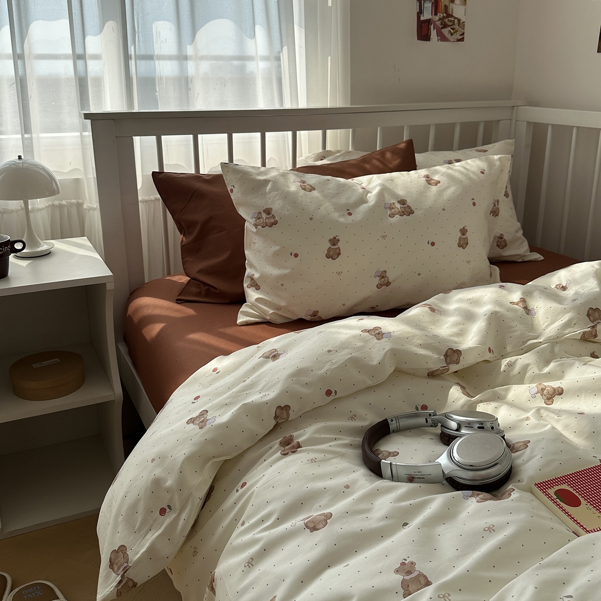 91家纺网 家纺一手货源 找家纺 尺素 2026新款纯棉卡通ins风四件套可爱少女风全棉被套纯色1.8床笠加大床单学生1.2三件套 小熊软糖--焦糖