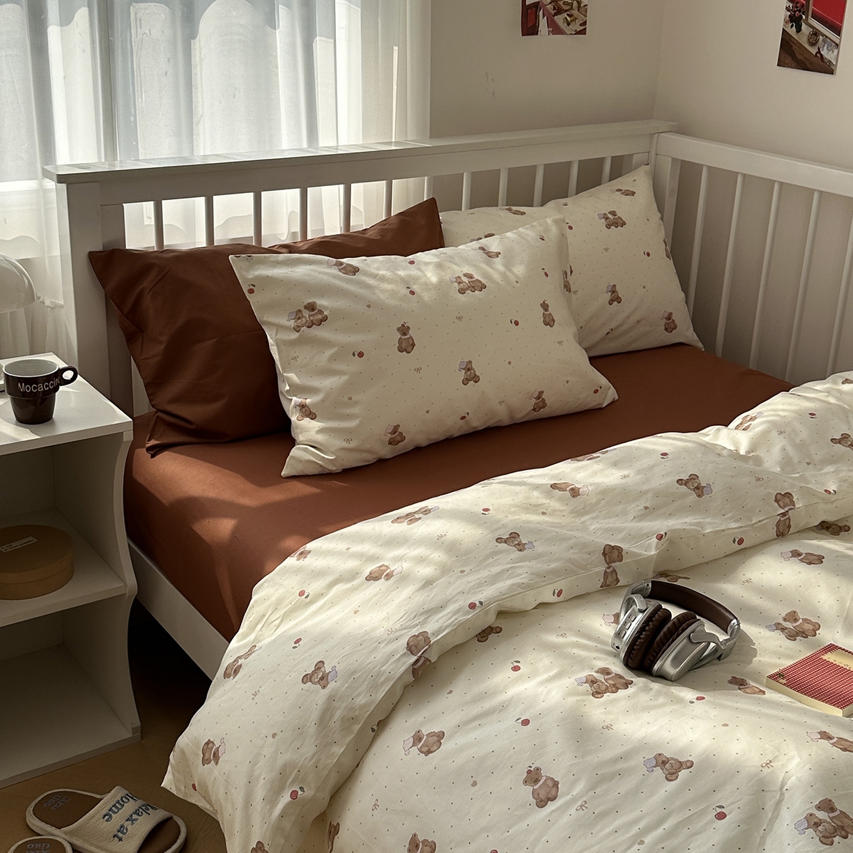 91家纺网 家纺一手货源 找家纺 尺素 2026新款纯棉卡通ins风四件套可爱少女风全棉被套纯色1.8床笠加大床单学生1.2三件套 小熊软糖--焦糖