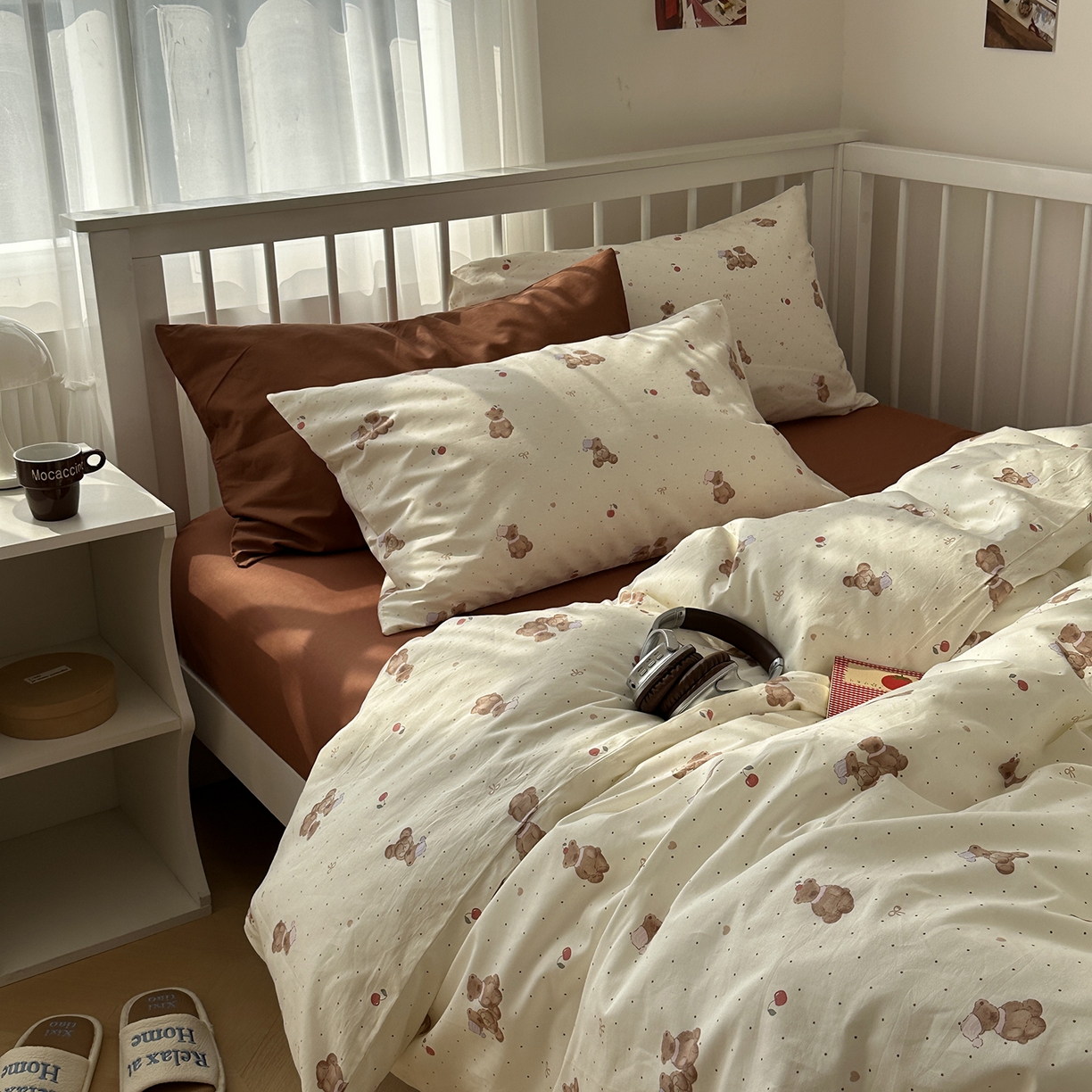 91家纺网 家纺一手货源 找家纺 尺素 2026新款纯棉卡通ins风四件套可爱少女风全棉被套纯色1.8床笠加大床单学生1.2三件套 小熊软糖--焦糖